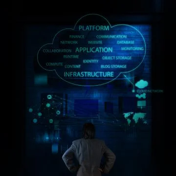 Businessman thinking of a cloud computing diagram on the new computer イラスト素材