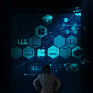 Businessman thinking of a cloud computing diagram on the new computer Illustrazione stock