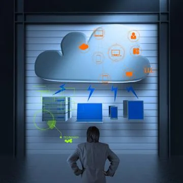 Businessman thinking of a cloud computing diagram on the new computer Illustrazione stock