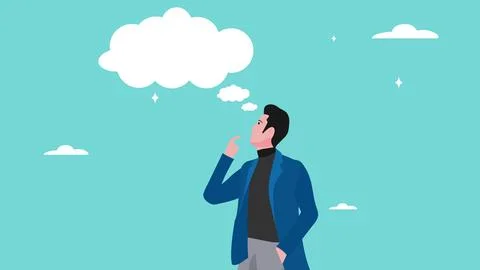 Businessman with thinking cloud or bubble chat illustration, thinking of so.. 스톡 일러스트