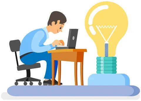 Businessman thinking with light bulb, creative idea. Employee works to deal with Illustrazione stock