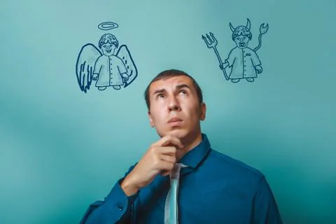 Businessman thinking man looking up angel devil demon infographi Stock Photos