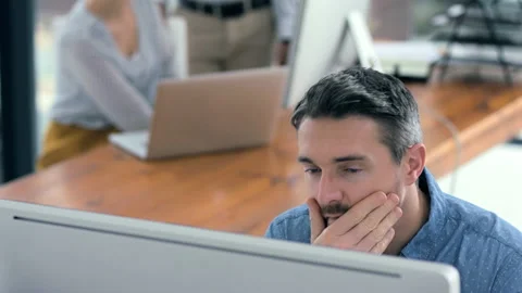 Businessman, thinking or manager working on computer networking, communication Stockbeeldmateriaal 221991730