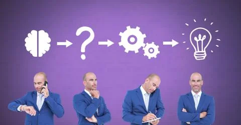 Businessman thinking in sequence with ideas and brainstorm process icons Stock Photos