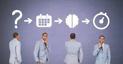Businessman thinking in sequence with ideas and brainstorm process icons Stock Photos