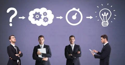Businessman thinking in sequence with ideas and brainstorm process icons 스톡 사진