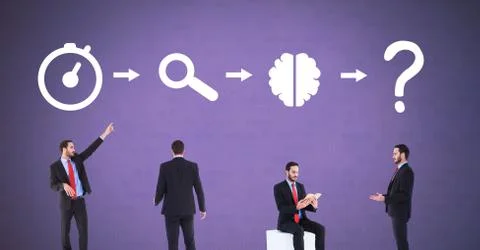 Businessman thinking in sequence with ideas and brainstorm process icons Stock Photos