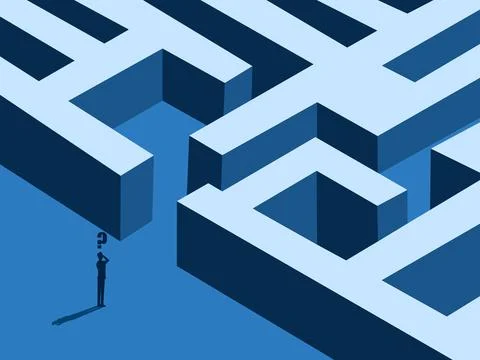 Businessman thinks of solving a maze problem. Illustrazione stock