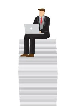 Businessman on top of a tall stack of document. Concept of profitable busines Stock Illustration