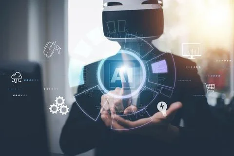 Businessman touch arrow with Artificial Intelligence (AI),on big data network Stock Photos