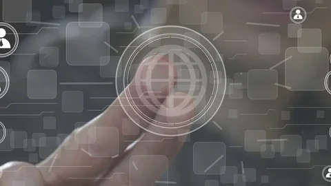 Businessman touch button interface map web icon network Stock Footage 72376667