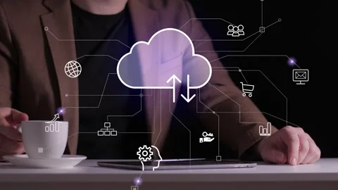 Businessman touch on cloud computing diagram show on hand. Cloud technology  Stock Footage 265040193