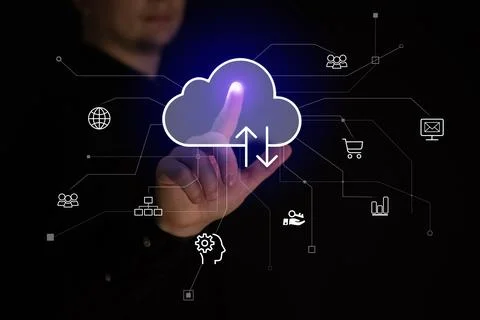 Businessman touch on cloud computing diagram show on hand. Cloud technology  Stock Photos