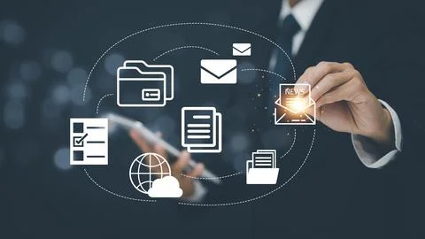 Businessman touch folder of Email document Management System,  online documen Foto stock