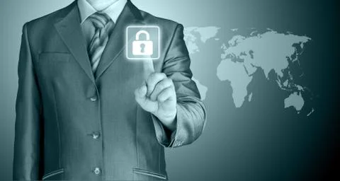 Businessman touch lock on world map  background Stock Illustration