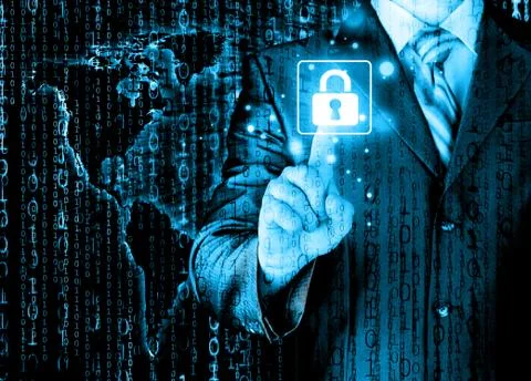 Businessman touch lock on world map  background Illustrazione stock