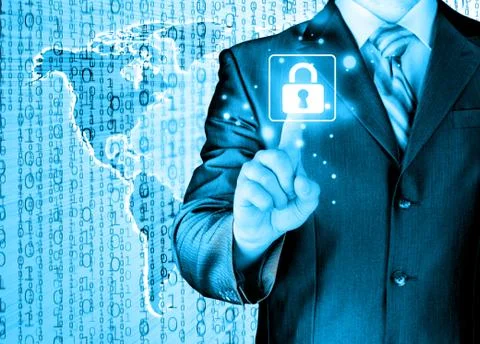 Businessman touch lock on world map  background Stock Illustration