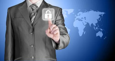 Businessman touch lock on world map  background Stock Illustration