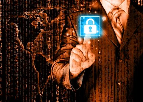 Businessman touch lock on world map  background Stock Illustration