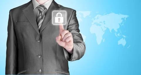 Businessman touch lock on world map  background Stock Illustration