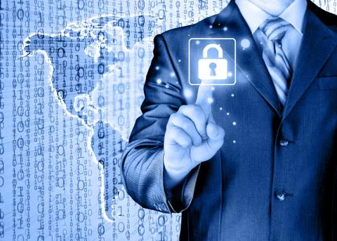 Businessman touch lock on world map  background Stock Illustration