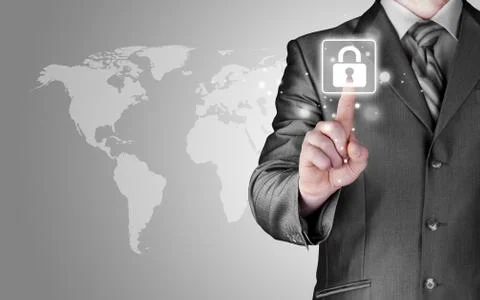 Businessman touch lock on world map  background Stock Illustration