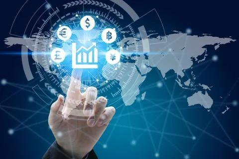 Businessman touch network using currency icon technology with virtual screen  Stock Photos