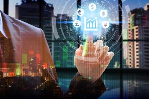 Businessman touch network using currency icon technology with virtual screen  스톡 사진