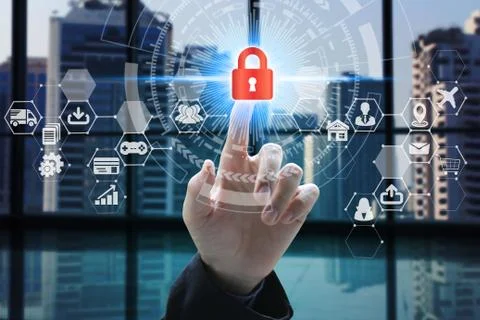 Businessman touch network using padlock icon technology with virtual screen i Stock Photos