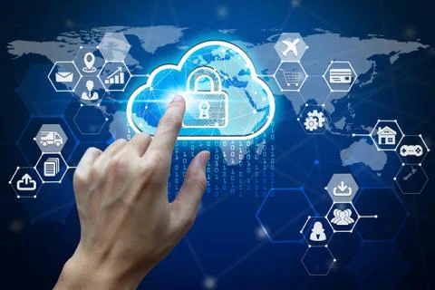 Businessman touch network using padlock icon technology with virtual screen i Stock Photos