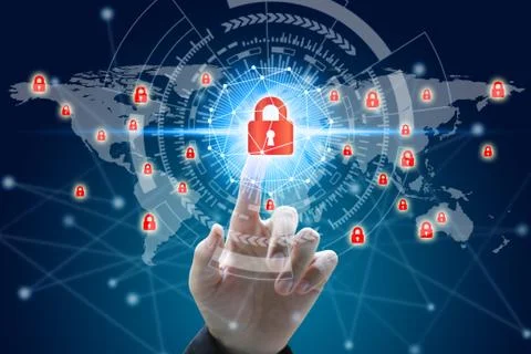 Businessman touch network using padlock icon technology with virtual screen i 스톡 사진