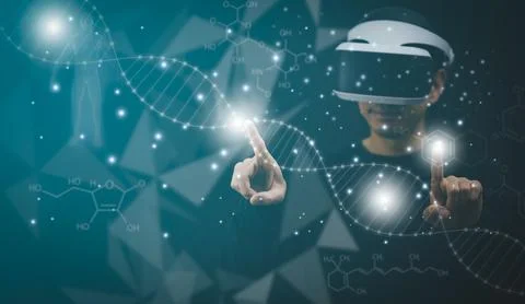 Businessman touch presenting DNA molecule research on the white background co Stockfoto's