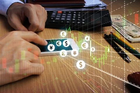Businessman touch samrtphone network using currency icon technology with virt 写真素材