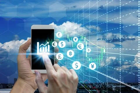 Businessman touch samrtphone network using currency icon technology with virt 스톡 사진