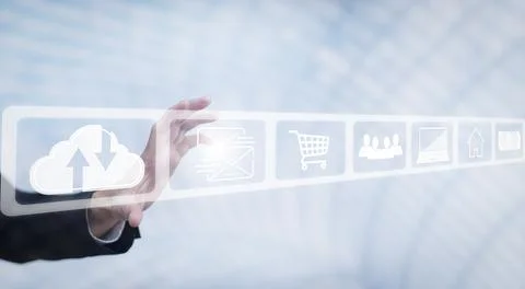 Businessman touch screen interface on the white background,graph Screen Icon  Stock Photos