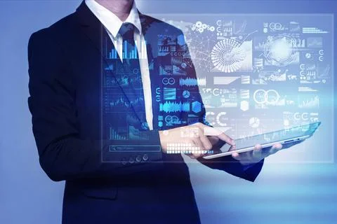 Businessman touch screen on tablet Stock Photos