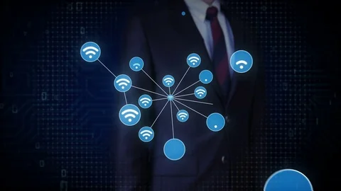 Businessman touch screen, Wireless icon connect global world map, 2. Stock Footage