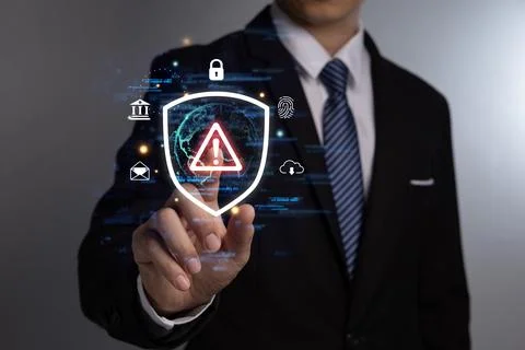 Businessman touch triangle caution warning sign for notification error. 스톡 사진