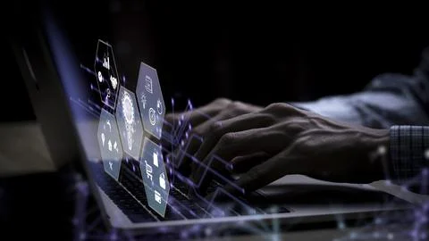 Businessman touch on the virtual screen Internet connection. Digital market.. Stock Photos