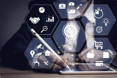 Businessman touch on the virtual screen Internet connection. Digital market.. Stock Photos