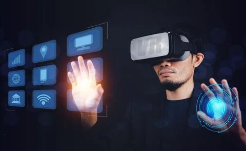 Businessman touch on visual screen 3D data application technology and VR glas Stock Photos