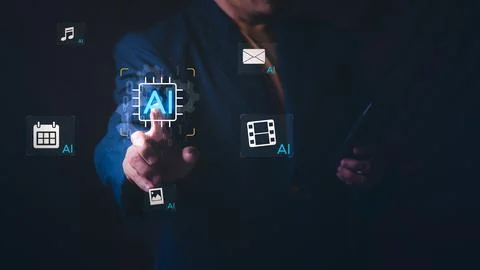 Businessman touching an AI processor chip icon on a virtual screen with mul.. Stock Photos