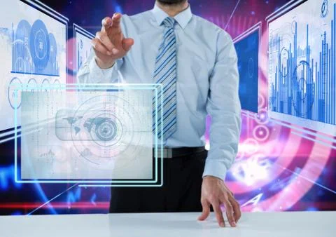 Businessman touching and interacting with technology interface panels Stock Photos