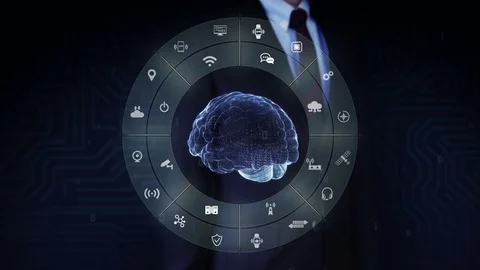 Businessman touching blue Digital brain, IoT, artificial intelligence. Stock Footage 76180010
