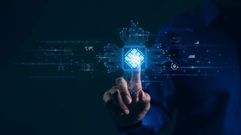 Businessman touching central processing unit CPU chip Stock Photos