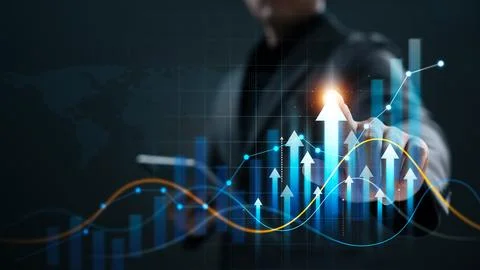 Businessman touching chart graph with up arrow sign, business growth chart,.. Stock Photos
