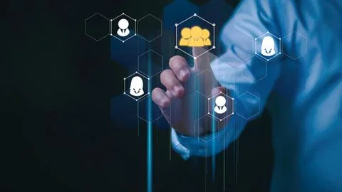 Businessman touching cloud icon with digital network Stock Photos