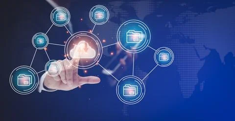 Businessman touching a cloud networking concept and touch screen with hand co Stock Photos