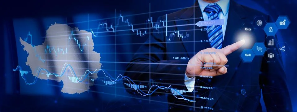 Businessman touching data analytics process system with KPI financial charts, Foto stock