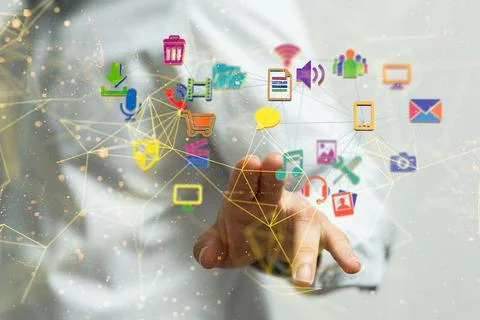 Businessman touching data interface - cloud computing concept 写真素材